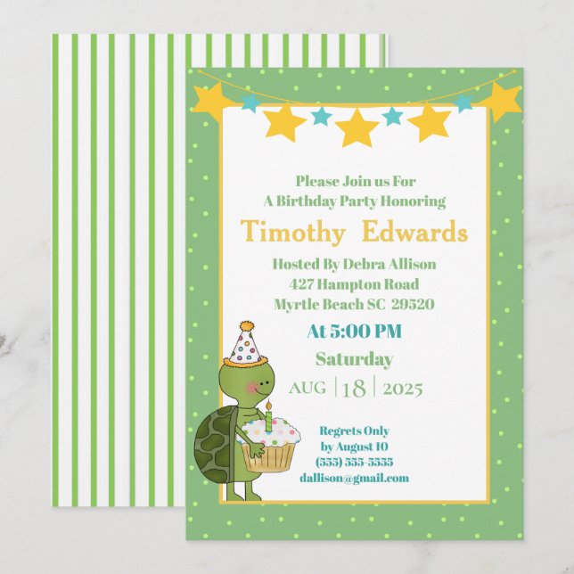 Cute Turtle Cupcake Candle Birthday Invitation (Front/Back)