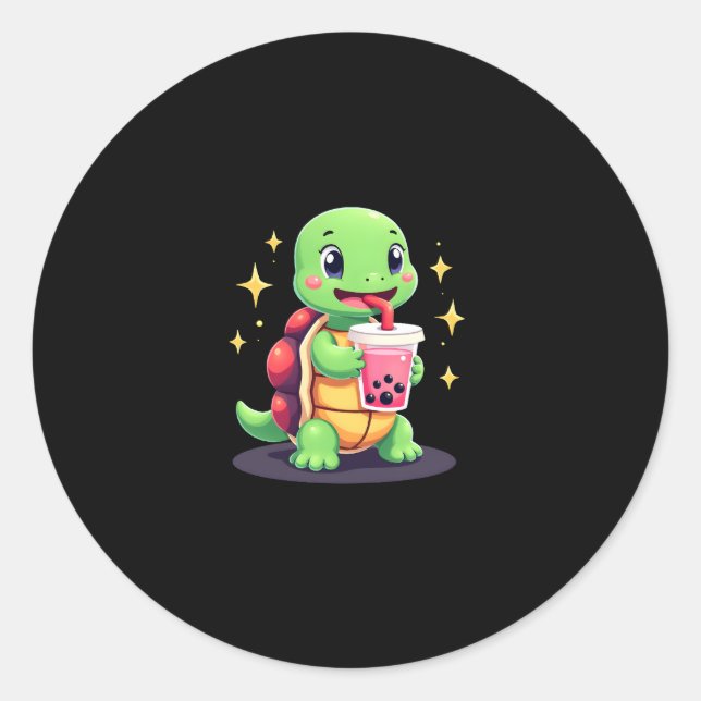 Cute turtle drinking boba. Funny Boba Turtles Love Classic Round Sticker (Front)