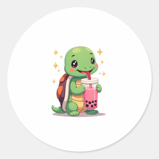 Cute turtle drinking boba. Funny Boba Turtles Love Classic Round Sticker (Front)