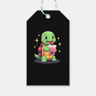 Cute turtle drinking boba. Funny Boba Turtles Love Gift Tags