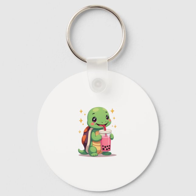 Cute turtle drinking boba. Funny Boba Turtles Love Key Ring (Front)