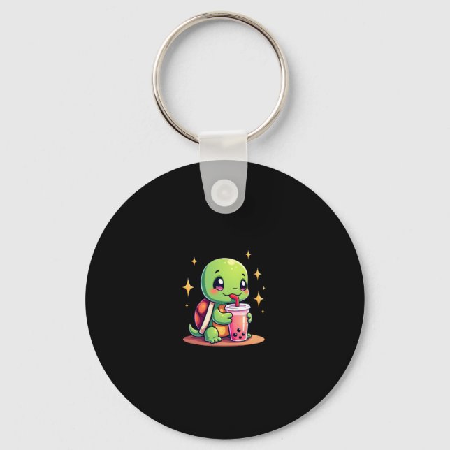 Cute turtle drinking boba. Funny Boba Turtles Love Key Ring (Front)