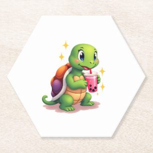 Cute turtle drinking boba. Funny Boba Turtles Love Paper Coaster