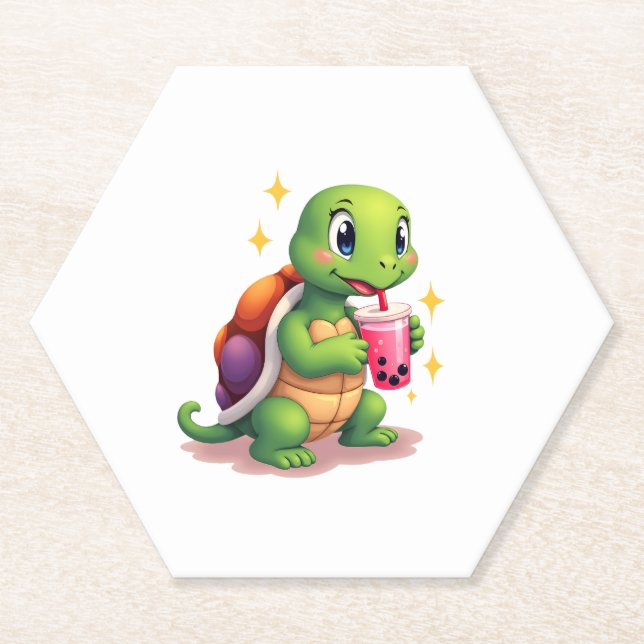 Cute turtle drinking boba. Funny Boba Turtles Love Paper Coaster (Front)