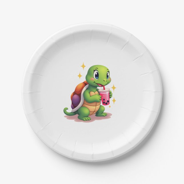 Cute turtle drinking boba. Funny Boba Turtles Love Paper Plate (Front)