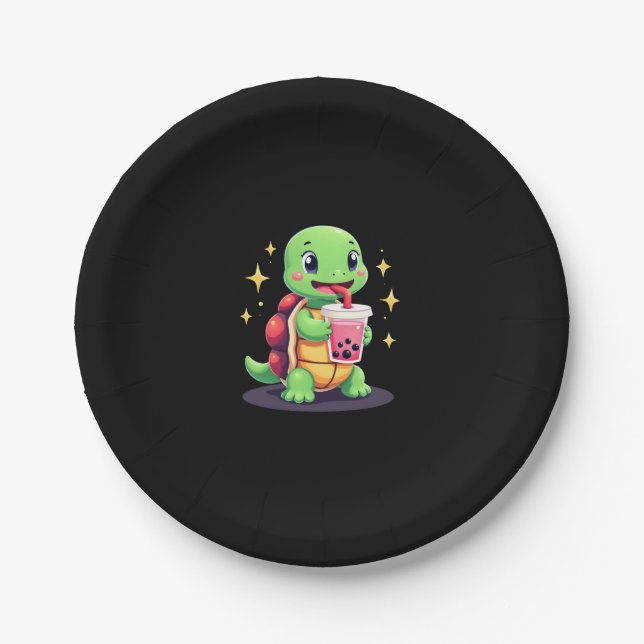 Cute turtle drinking boba. Funny Boba Turtles Love Paper Plate (Front)