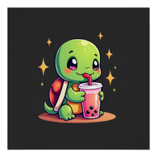 Cute turtle drinking boba. Funny Boba Turtles Love Poster