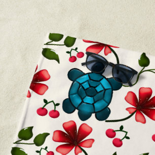 Cute Turtle Floral pattern Beach Towel