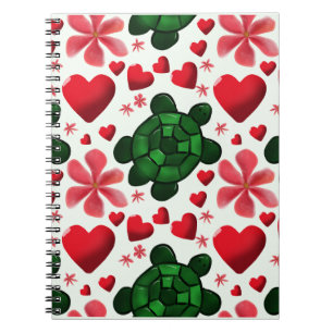 Cute Turtle Floral Pattern   Red Flowers Hearts  Notebook
