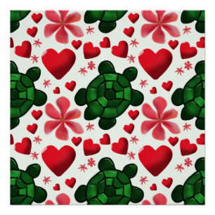Cute Turtle Floral Pattern   Red Flowers Hearts  Poster