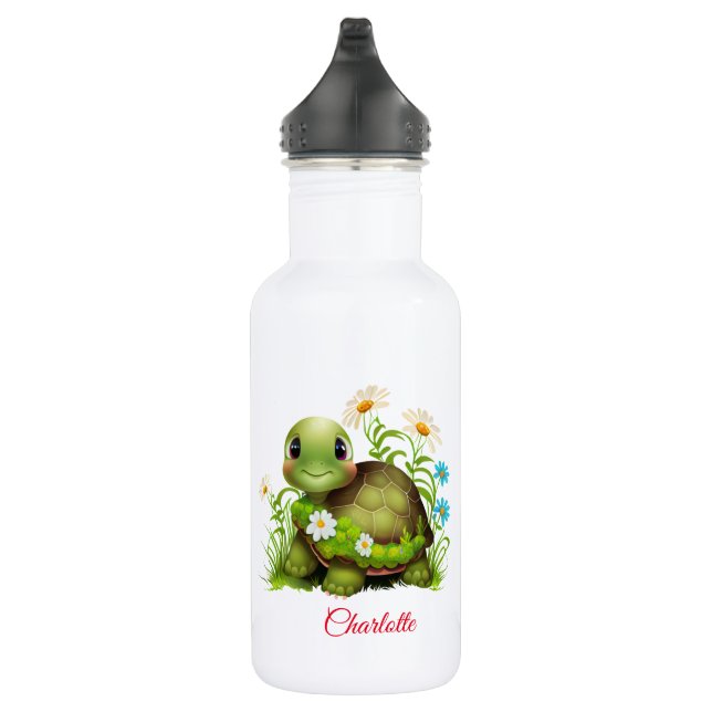 Cute Turtle Floral Personalised  Name 532 Ml Water Bottle (Right)