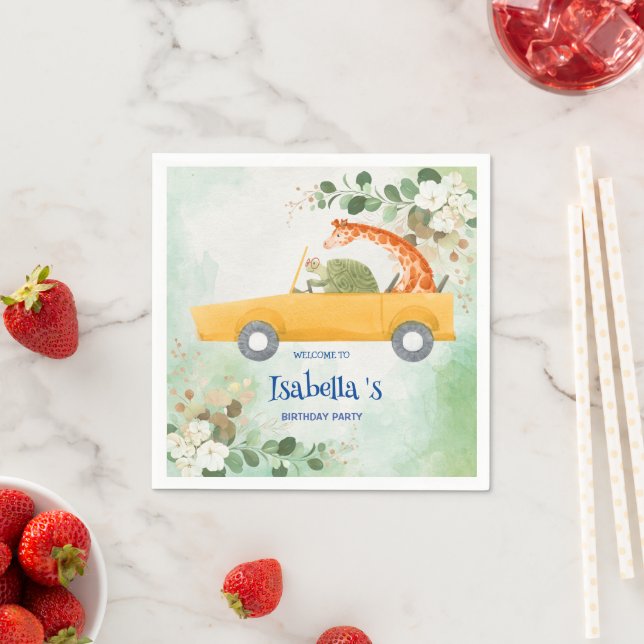 Cute turtle Giraffe Tropical flower Birthday party Napkin (Insitu)