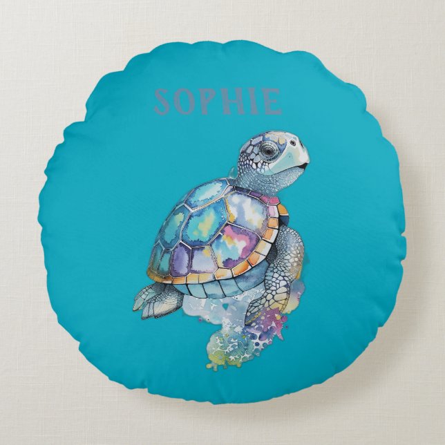 Cute Turtle Green Baby Nursery Round Cushion (Front)