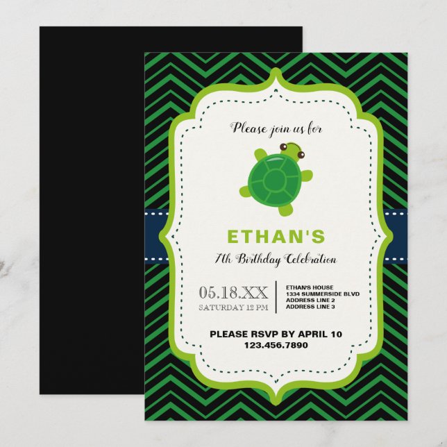 CUTE turtle green black kawaii kids boys birthday Invitation (Front/Back)