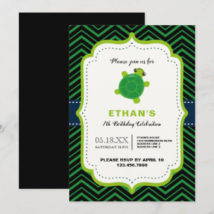 CUTE turtle green black kawaii kids boys birthday Invitation
