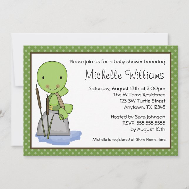 Cute Turtle Green Polka Dot Baby Shower Invitation (Front)
