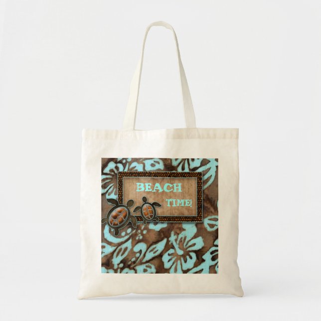 Cute Turtle Hawaii Hibiscus Floral Beach Bag (Front)