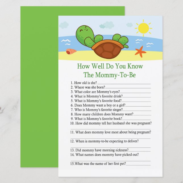 Cute Turtle How well do you know baby shower game (Front/Back)