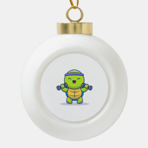 Cute Turtle Lifting Dumbbells Cartoon Illustration Ceramic Ball Christmas Ornament