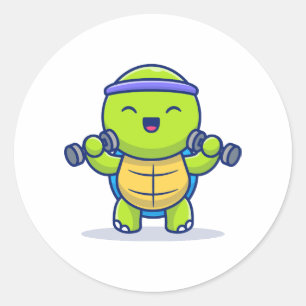 Cute Turtle Lifting Dumbbells Cartoon Illustration Classic Round Sticker