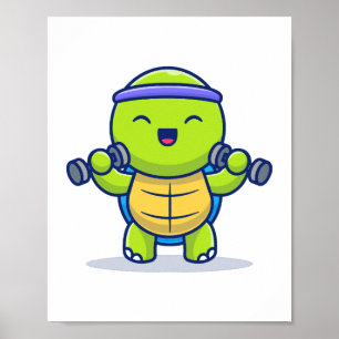 Cute Turtle Lifting Dumbbells Cartoon Illustration Poster