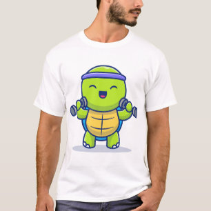 Cute Turtle Lifting Dumbbells Cartoon Illustration T-Shirt
