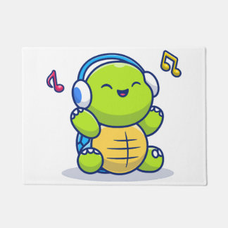 Cute Turtle Listening Music With Headphone Doormat