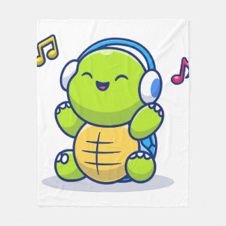 Cute Turtle Listening Music With Headphone Fleece Blanket