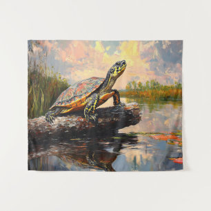 Cute Turtle on a Log Everglades Painting Tapestry
