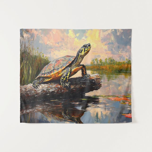 Cute Turtle on a Log Everglades Painting Tapestry (Front (Horizontal))