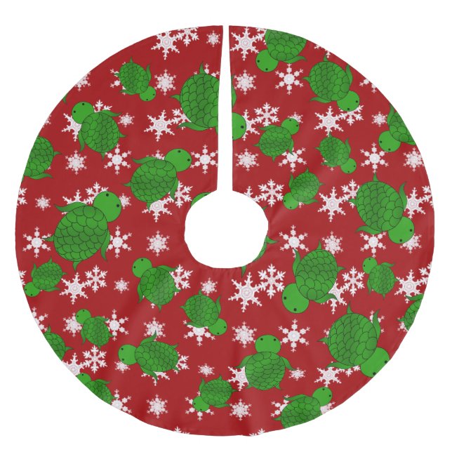 Cute turtle red snowflakes brushed polyester tree skirt (Front)