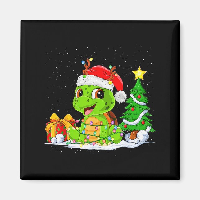 Cute Turtle Santa Christmas Tree Lights Xmas Pajam Magnet (Front)