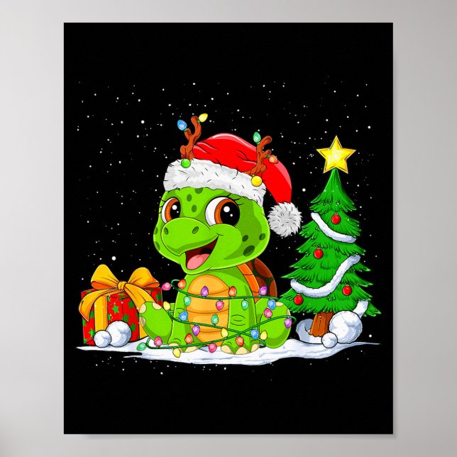 Cute Turtle Santa Christmas Tree Lights Xmas Pajam Poster (Front)