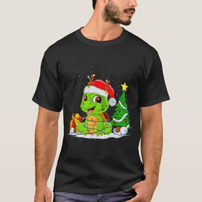 Cute Turtle Santa Christmas Tree Lights Xmas Pajam T-Shirt (Front)