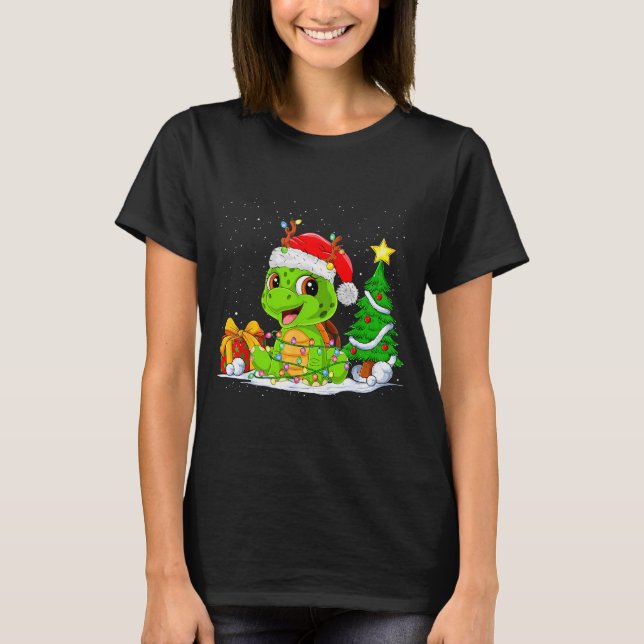 Cute Turtle Santa Christmas Tree Lights Xmas Pajam T-Shirt (Front)
