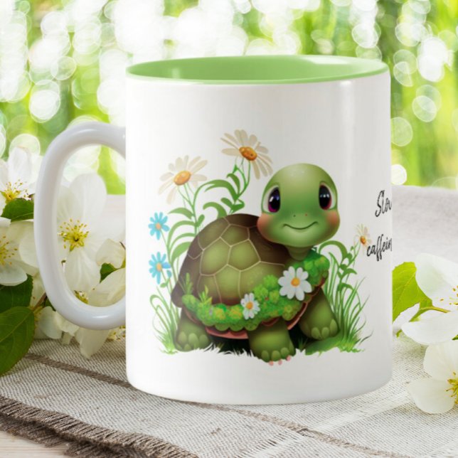 Cute Turtle Slow & Steady Funny Quote Personalised Two-Tone Coffee Mug (Creator Uploaded)