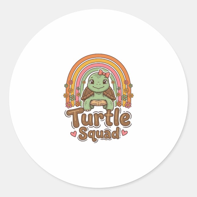 Cute Turtle Squad Rainbow Floral Vector Design_1 Classic Round Sticker (Front)
