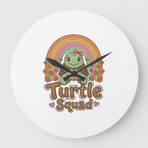 Cute Turtle Squad Rainbow Floral Vector Design_1 Large Clock