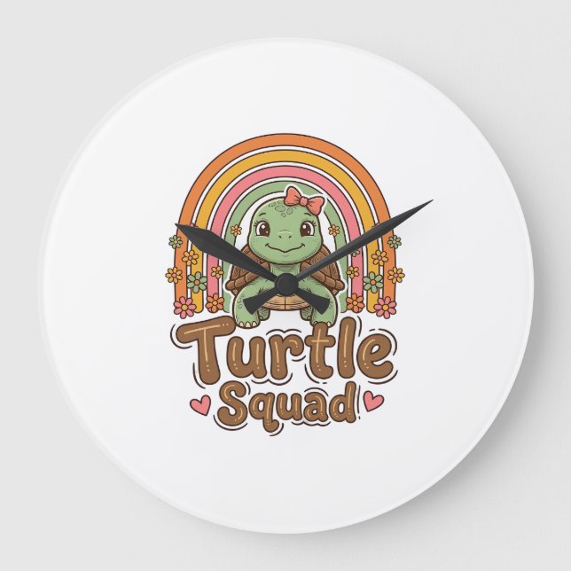 Cute Turtle Squad Rainbow Floral Vector Design_1 Large Clock (Front)