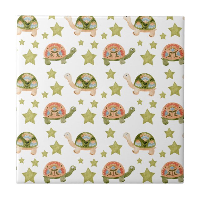 Cute Turtle Stars Pattern Ceramic Tile (Front)