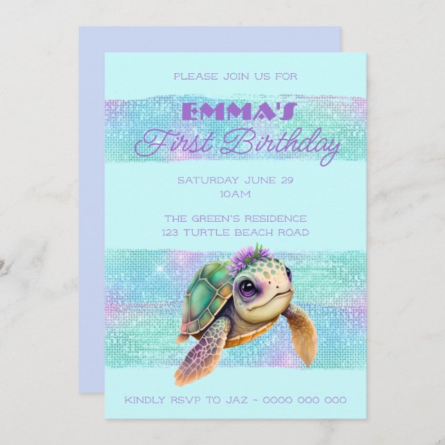 Cute Turtle Summer Beach Aqua 1st Birthday Invitation (Front/Back)