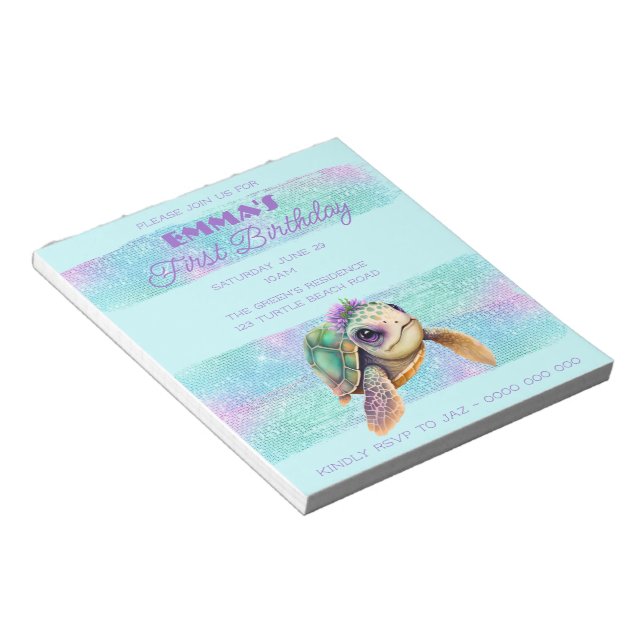 Cute Turtle Summer Beach Aqua 1st Birthday Notepad (Angled)