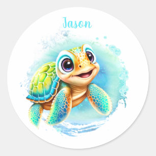 Cute Turtle Summer Name Boy  Classic Round Sticker