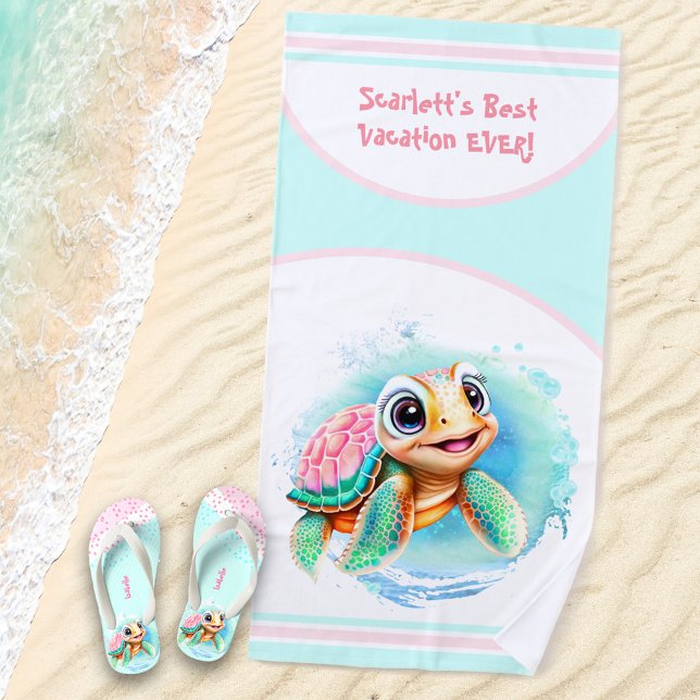 Cute Turtle Summer Vacation Name Girl  Beach Towel (Creator Uploaded)