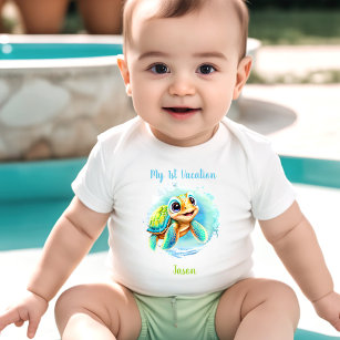 Cute Turtle Summer Vacation Personalised Boy  Baby Bodysuit