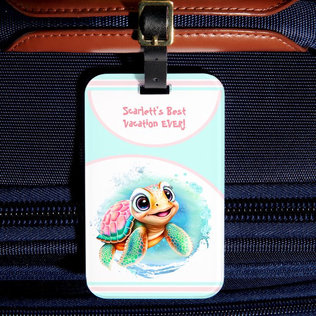 Cute Turtle Summer Vacation Personalised Girl  Luggage Tag (Cute Turtle Summer Vacation Personalized Girl Luggage Tag)