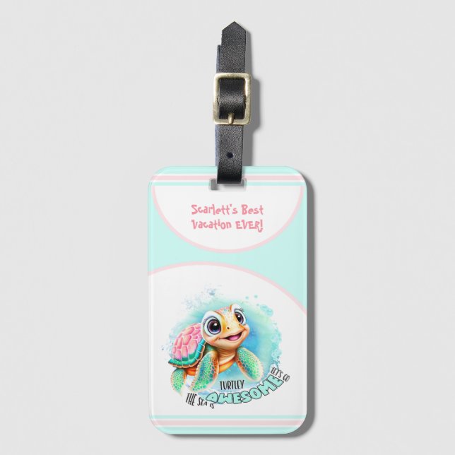 Cute Turtle Summer Vacation Personalised Girl  Luggage Tag (Front Vertical)