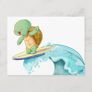 Cute Turtle Surfing Kawaii Postcard