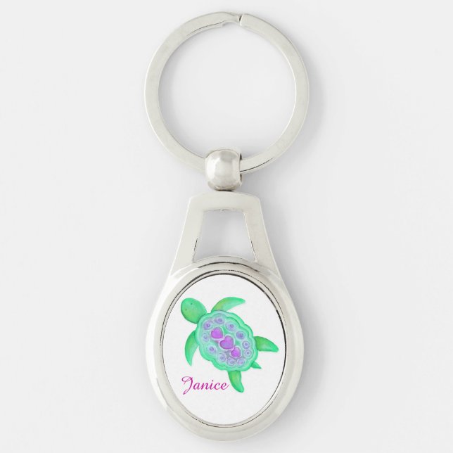 Cute turtle watercolor art name key ring (Front)