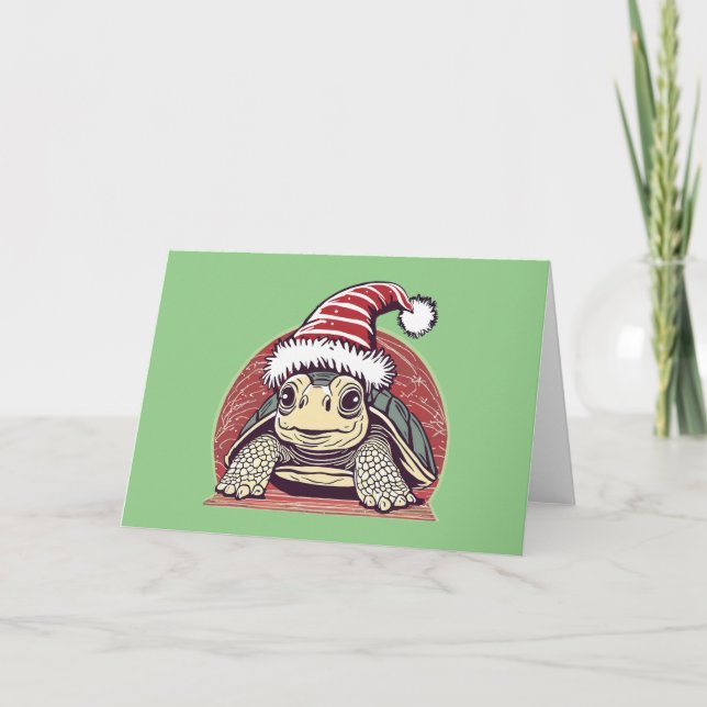 Cute Turtle wearing a Santa Hat Christmas Holiday Card (Front)